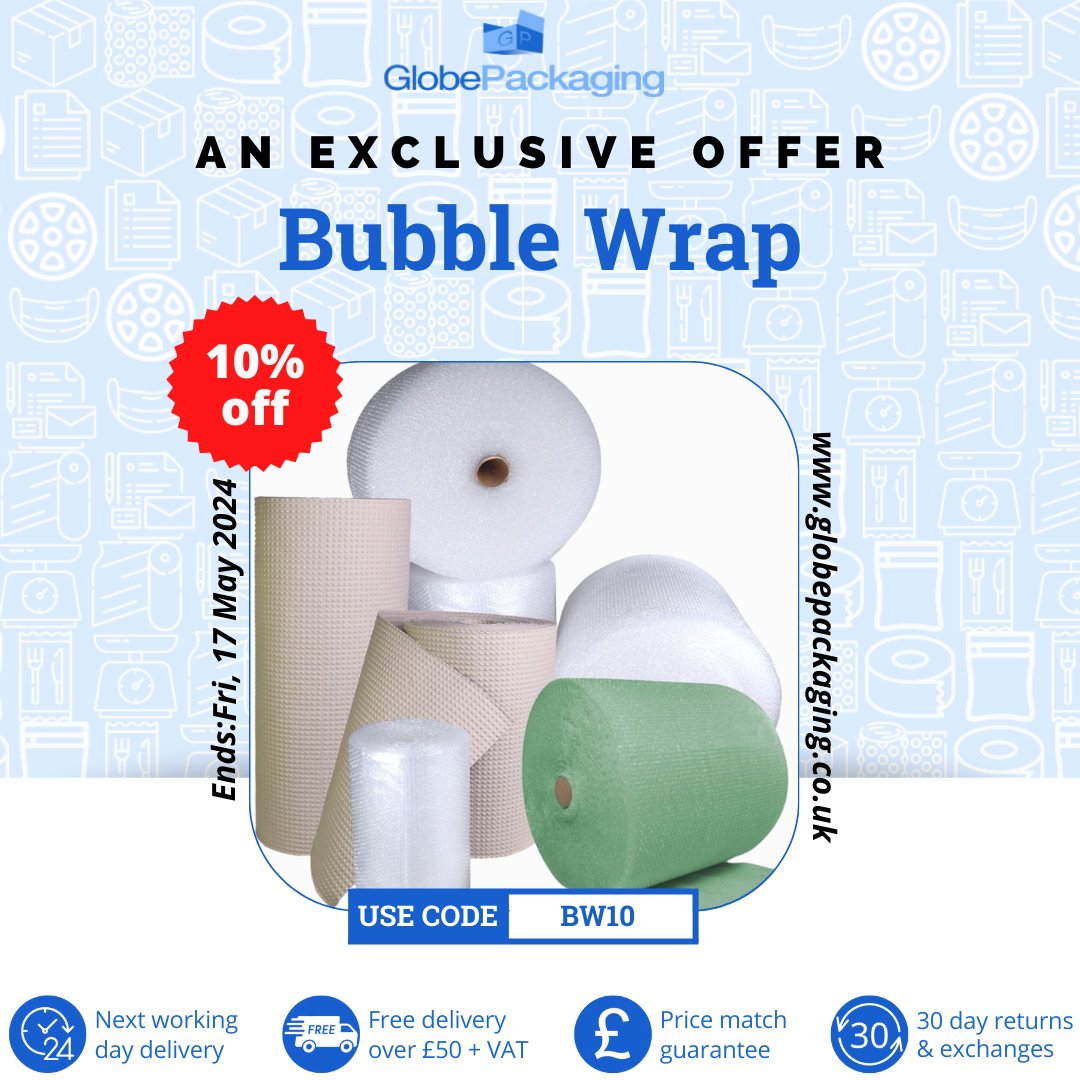 🌟 Exclusive Deal! Enjoy 10% off Bubble Wrap at Globe Packaging with coupon code BW10.
🛍️ Shop now and save! Offer ends on Friday, 17th May 2024.

Upgrade your packaging with Globe Packaging! 🌐📦 

#GlobePackaging #ExclusiveDeal #BubbleWrap #SpecialOffer #ShopNow