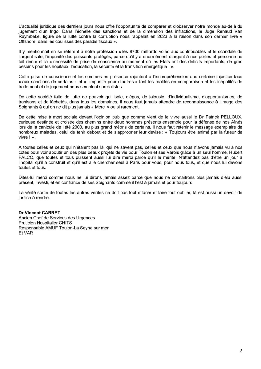 Chers amis,
Je me permets de vous partager ce communiqué du Docteur Vincent Carret, Responsable de l’Association des Médecins Urgentistes de France dans le Var, ancien chef du service des urgences de notre hôpital Sainte-Musse. #Toulon