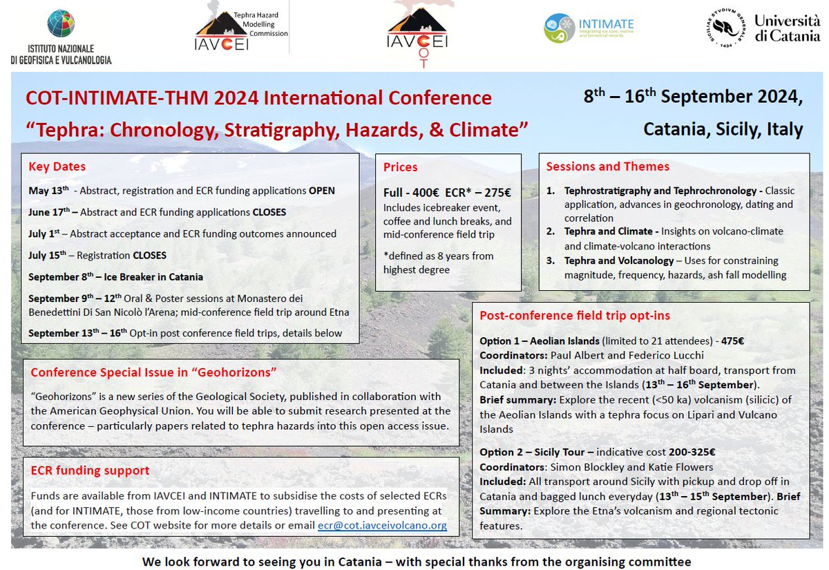 Come join us Sep 8-16 to talk about all things tephra in Sicily! 🌋 Our friends from @IAVCEI_official Tephrachronology are putting together a fantastic workshop. Hazard and climate enthusiasts welcome! Abstract/ECR fund deadline = June 17. All info 👇 cot.iavceivolcano.org/cot-intimate-t…