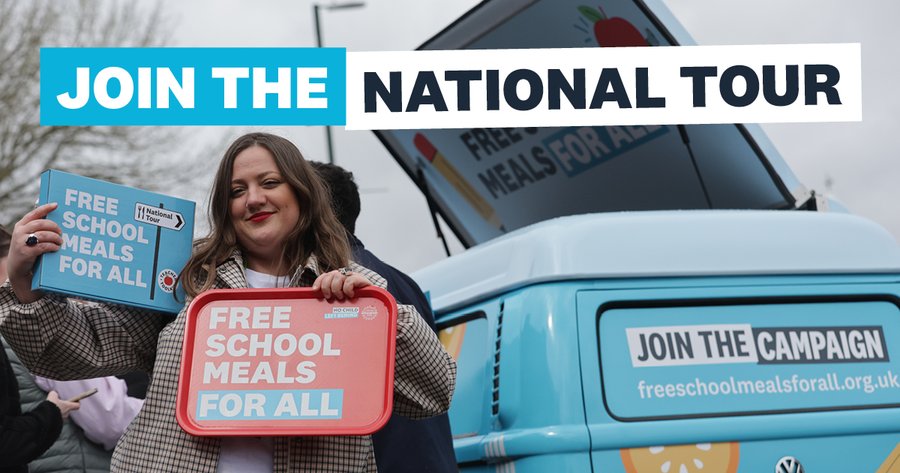 From today, parents, educators and groups across the country are joining the #FreeSchoolMealsForAll National Tour via @NoChildBehindUK🍽️
Engaging our communities and dialling up the pressure for a hot school dinner for every child, every day🍝

Sign up:
actionnetwork.org/forms/schoolme…