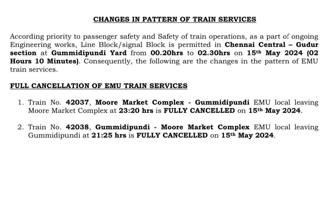 As part of ongoing engineering works, Line Block/signal Block is permitted in #Chennai Central – Gudur section at #Gummidipundi Yard on 15th May 2024 Passengers are requested to take note on this and plan your #Travel #RailwayUpdate #RailwayAlert