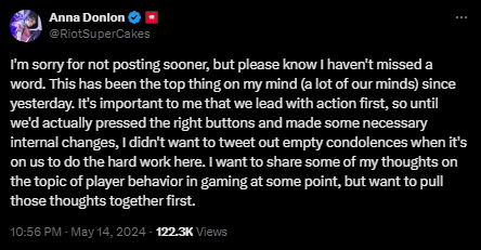 VALORANT Dev Lead, Anna Donlon has posted a standalone update on the viral harassment video 'This has been the top thing on my mind (a lot of our minds) since yesterday. It's important to me that we lead with action first, so until we'd actually pressed the right buttons and