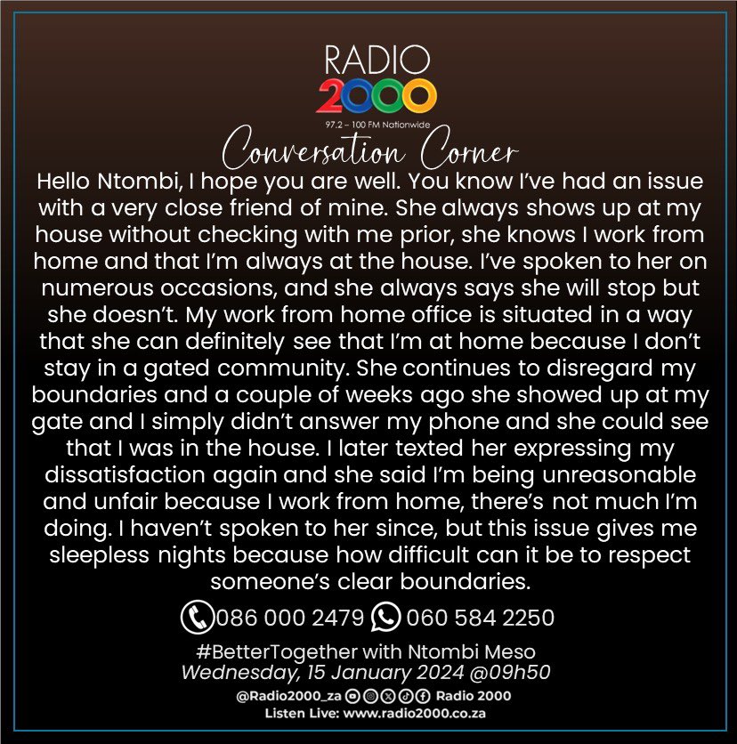 #ConversationCorner Do you take kindly to people coming to your house unannounced? #BetterTogether #Radio2000