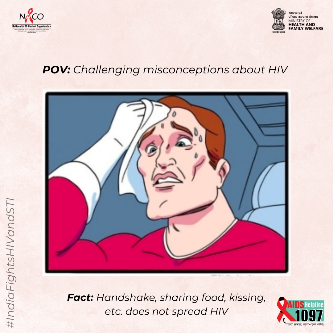 Fact: Handshakes, sharing food, kissing, etc. does not spread HIV.

#KnowFacts #KnowHIV #IndiaFightsHIVandSTI #Condom #CorrectInformation #Awareness #campaign #Trend

@MoHFW_INDIA