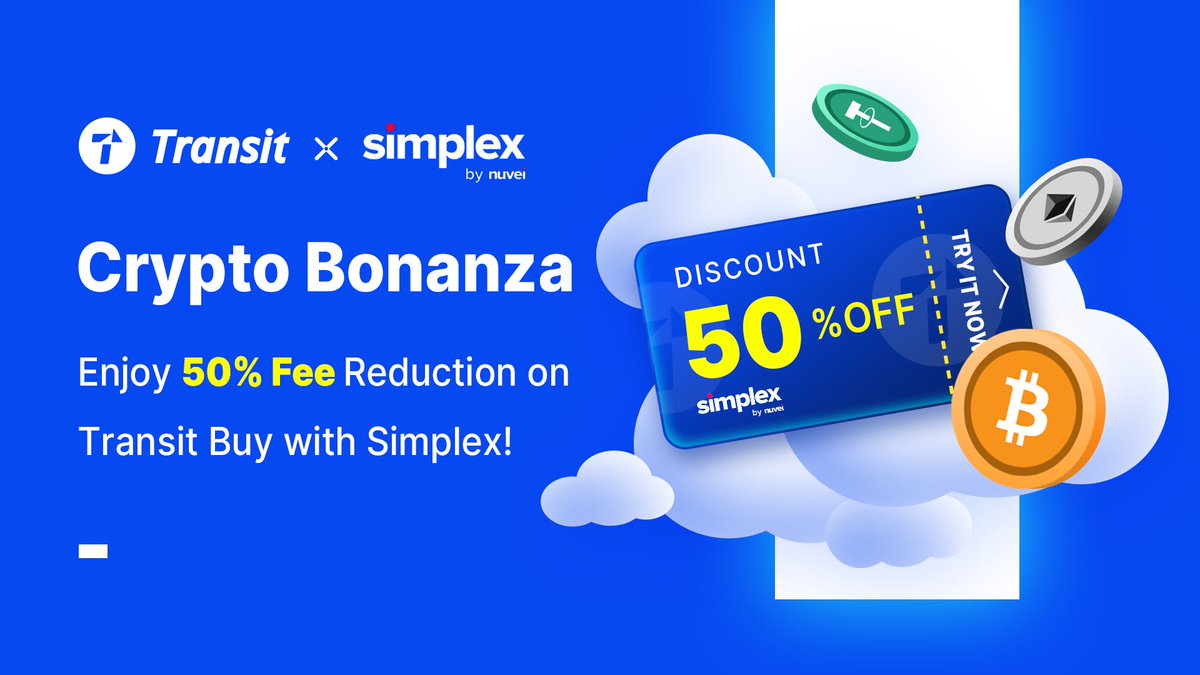 🥳🥳🥳 Exciting news! #Transit Buy teams up with #Simplex @SimplexCC for a limited-time offer! Purchase popular #cryptocurrencies such as #BTC, #ETH, #USDT, and more now to enjoy a 50% fee reduction! We provide the safest, fastest, and most cost-effective purchasing
