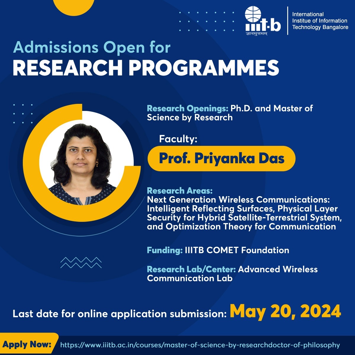 IIITB_official's tweet image. #AdmissionsOpen for #researchprogrammes

Research Openings: Ph.D. and Master of Science by Research

Faculty: Prof. Priyanka Das (iiitb.ac.in/faculty/priyan…)

​Apply Now: iiitb.ac.in/courses/master…

Last date for online application submission: May 20, 2024

#IIITB  #IIITBangalore