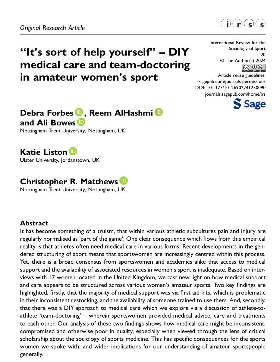 🚨 NEW PUBLICATION 🚨 Well done Dr @kliston14 & collaborators on their recent paper reporting a ‘DIY approach’ to medical care in amateur #WomensSport👏 17 sportswomen were interviewed= more needs to be done to ensure quality medical care for women. 👉journals.sagepub.com/doi/10.1177/10…