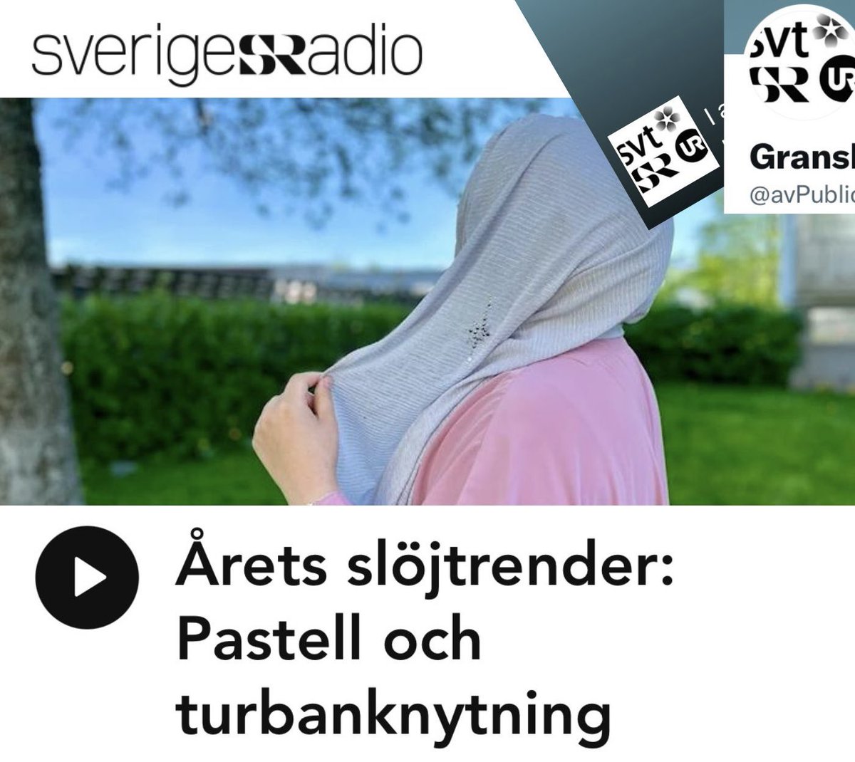 Aktivt arbete för att normalisera användning av hijab i @SverigesRadio 

Men hijab är inte ett klädesplagg som andra. Det är ett hån mot alla de kvinnor som längtar efter, eller kämpar för sin frihet, att statsradion i ett av världens mest jämställda länder, @SverigesRadio,