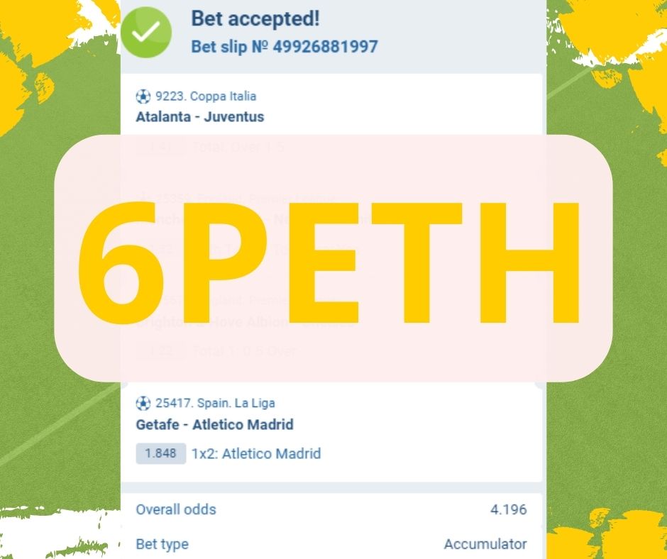 ⚽TIP FOR TODAY⚽ 

CODE: 6PETH 

⭕Don’t you have an account? 
Register here: is.gd/hnAA1U 
PROMOCODE: 1XDIAMOND7 

Good luck to everyone🍀 
#bettingpicks #bettingexpert #bettingtips #tipsters #betsports #sportsbet #sportsbettingpicks #odds #bet #football