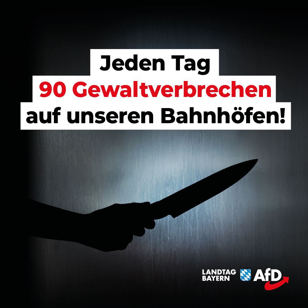 +++ Jeden Tag 90 Gewaltverbrechen auf unseren Bahnhöfen – Nur die AfD macht Deutschland wieder sicher! +++

Deutschlands Bahnhöfe werden zu No-go-Areas: In den ersten drei Monaten dieses Jahres kam es dort zu rund 8.100 Gewalttaten. Allein für den März verzeichnete die Polizei