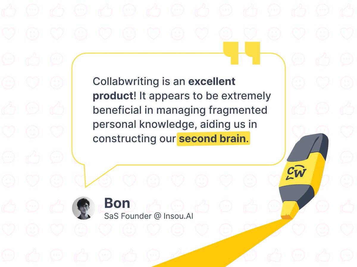 _Collabwriting's tweet image. Bon referring to as his &apos;second brain&apos; is one of the biggest compliments our product has gotten so far! 🧠

Give it a try and see the difference in your team&apos;s productivity➡️collabwriting.com/extension

#knowledgebase #productivity #sharingknowledge #knowledgebase #researchers