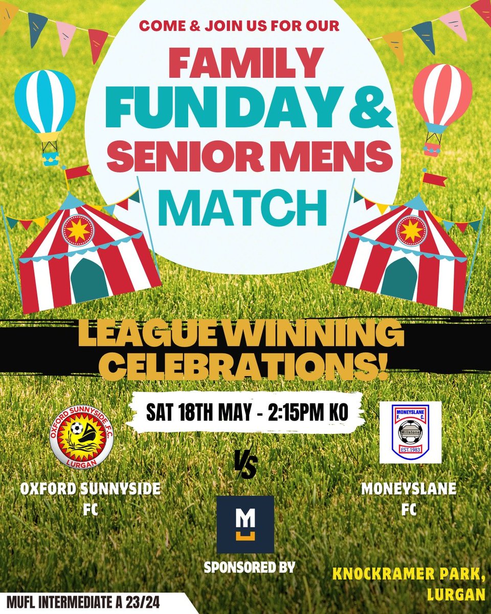 ⚪️🔴FIRST TEAM FIXTURE ⚪️🔴 This Saturday we play our last league game of the season and welcome Moneyslane Football Club to Knockramer Park. We will be hosting a league title winning celebration with fun for all the family #lurganswhiteandredarmy #upthebigO