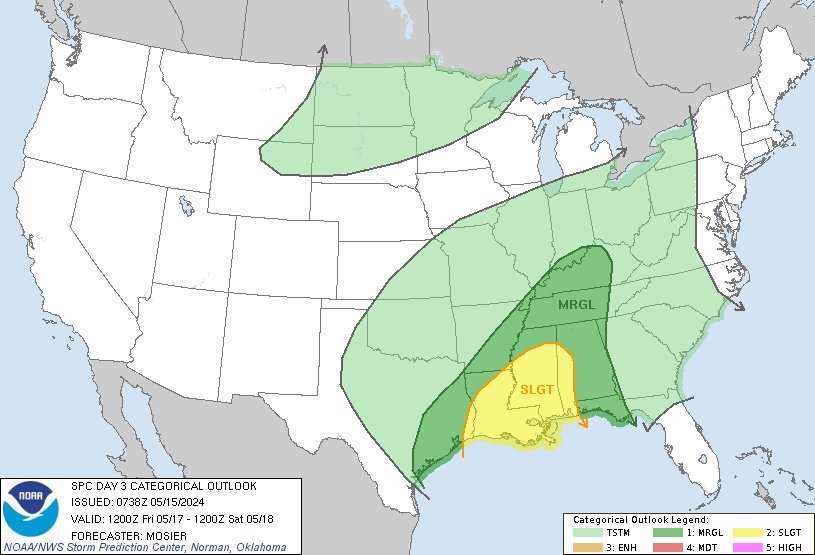 2:40am CDT #SPC Day3 Outlook Slight Risk: from far southeast Texas into much of Louisiana, central/southern Mississippi, and western spc.noaa.gov/products/outlo…
