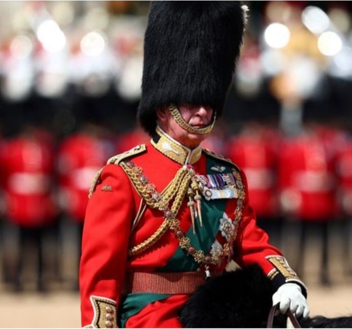 #KingCharles looks very handsome in the new portrait painting he unveiled. Crimson red uniform is one he will wear on #TroopingTheColour if he is well enough. I see the colour red which surrounds him in the painting as being the other soldiers he leads for this Country every day.