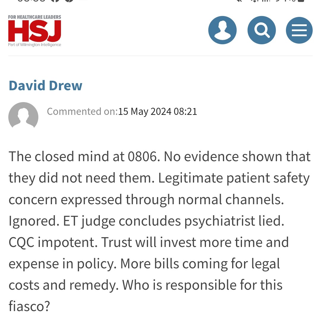 Win for NHS Nurse Whistleblower. @GMMH_NHS My comment. hsj.co.uk/patient-safety… @CQCProf @NatGuardianFTSU @WB_UK @WhistleUK