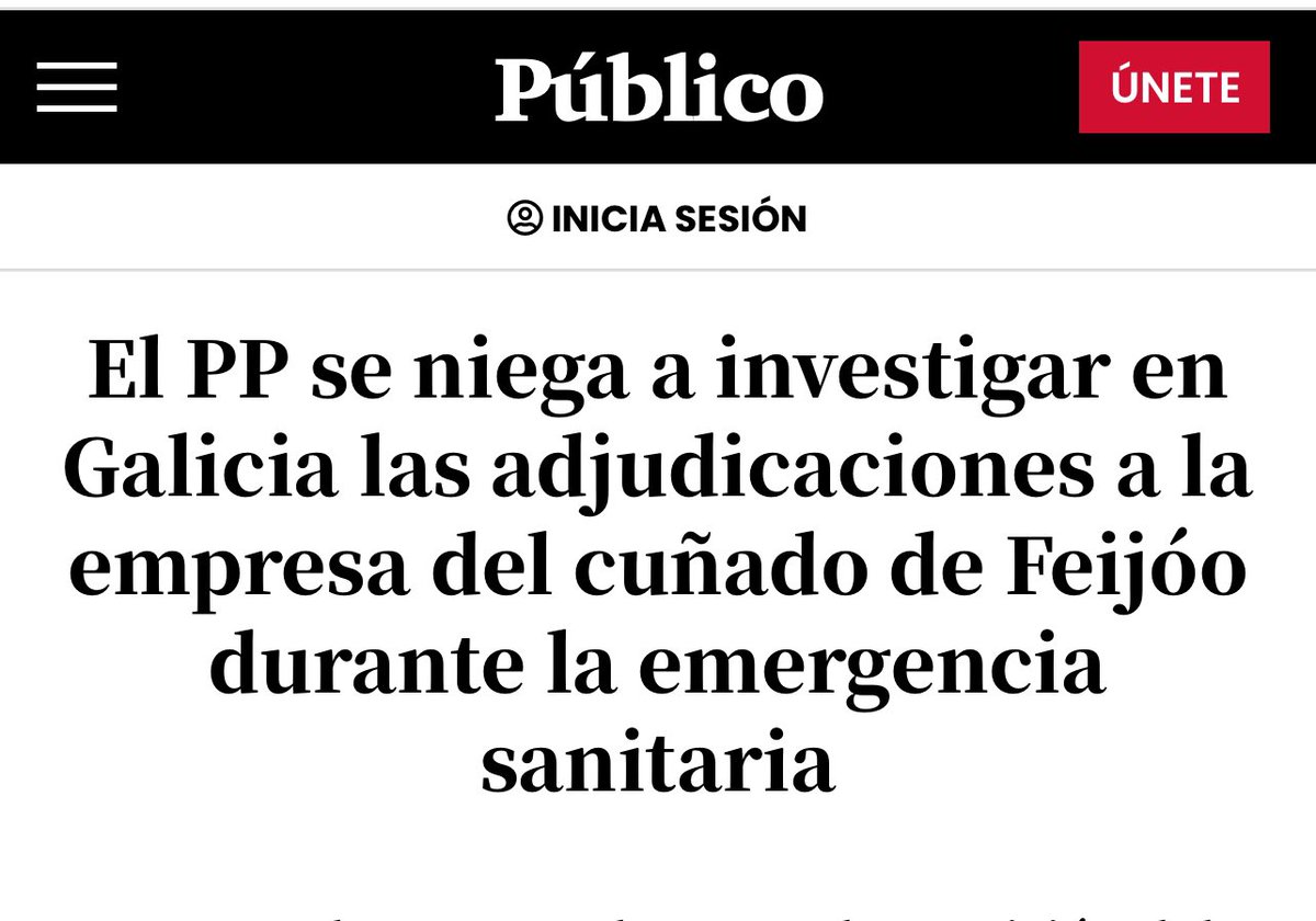 La familia de Feijóo no se toca. 

El PP se niega a investigar en Galicia las adjudicaciones a dedo a la empresa del cuñado de Feijóo durante la pandemia del COVID. publico.es/politica/pp-ni…