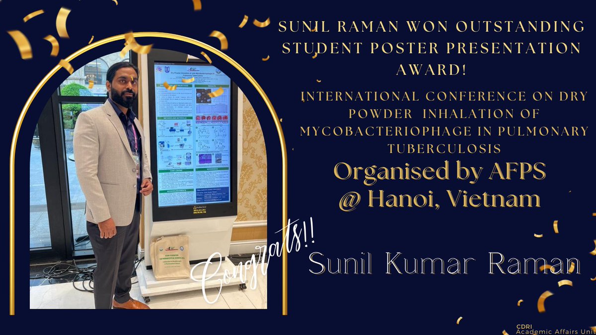 Celebrating Sunil Raman's @sunil_raman outstanding student poster presentation award! @CSIR_CDRI at International conference on Dry powder Inhalation of mycobacteriophage in pulmonary Tuberculosis on 10th November 2023 at Hanoi, Vietnam. #PhDlife Kudos Sunil👏👏👏@ritu_trivedi