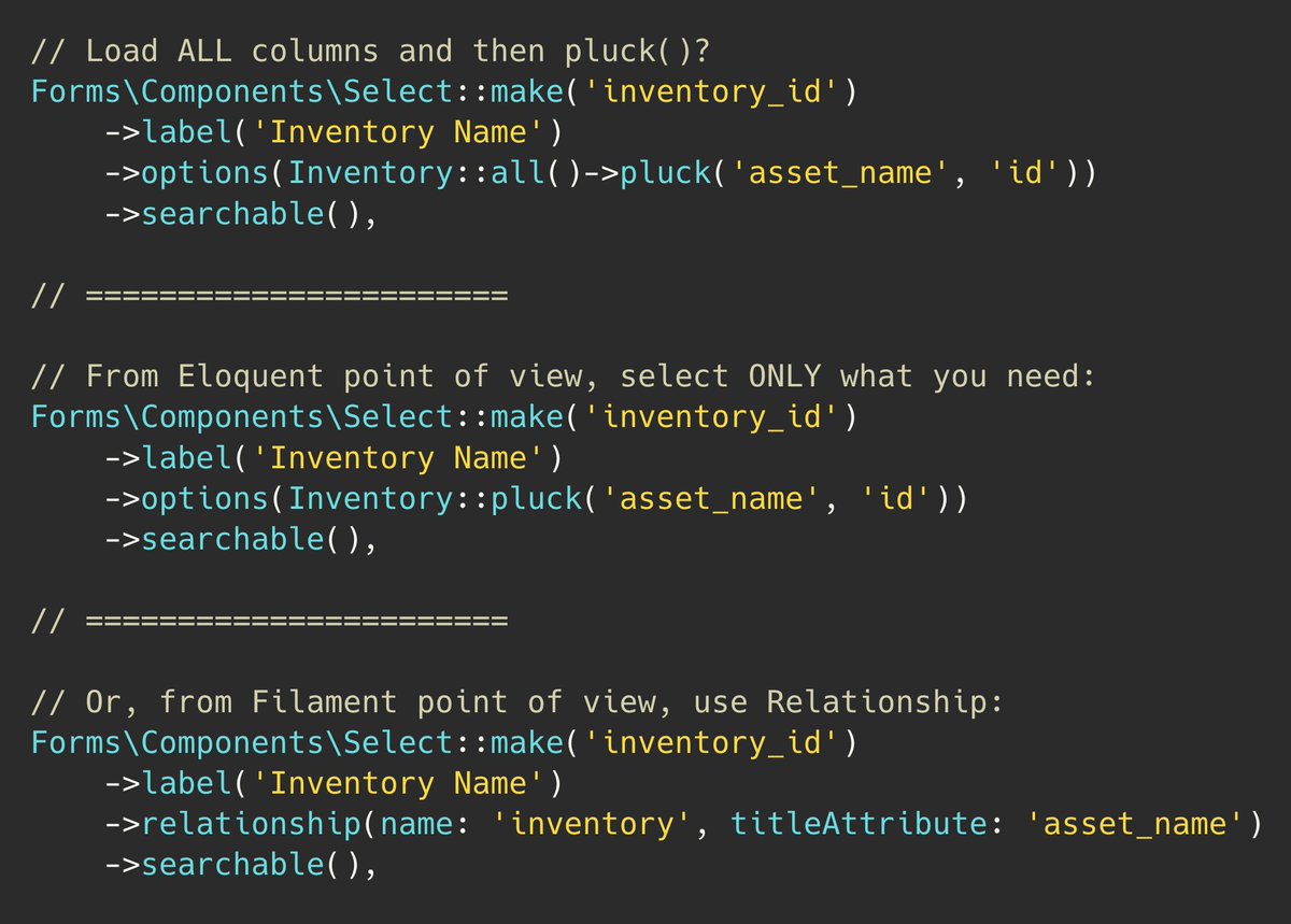Just saw this code example on Filament discord.

And I have two suggestions to improve:

1. Eloquent: don't do `::all()->whateverCollectionMethod()`

2. Filament: use the functions of the tool instead of reinventing the wheel