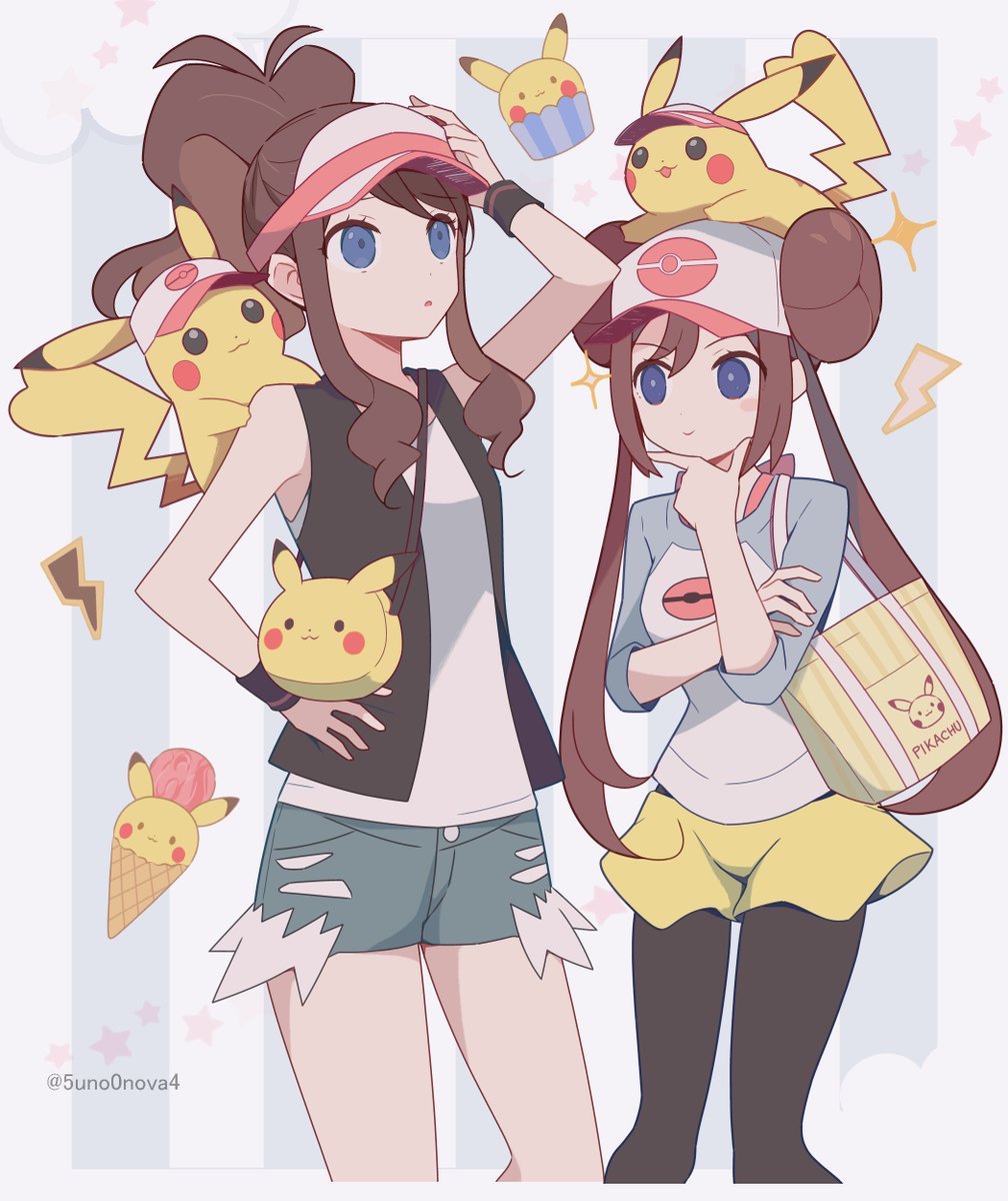 hilda (pokemon) ,pikachu ,rosa (pokemon) long hair smile blue eyes shirt multiple girls brown hair hat  illustration images