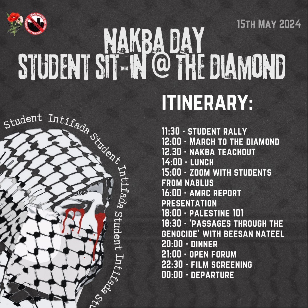 🚨SCCP HAS BEGUN A 12 HOUR SIT IN TO MARK NAKBA DAY🚨
We strike at the Diamond, home to @sheffielduni's specialist engineering facilities and thus the symbolic heart of the arms trade on campus. 
Join us for a full day of teachouts to learn more...