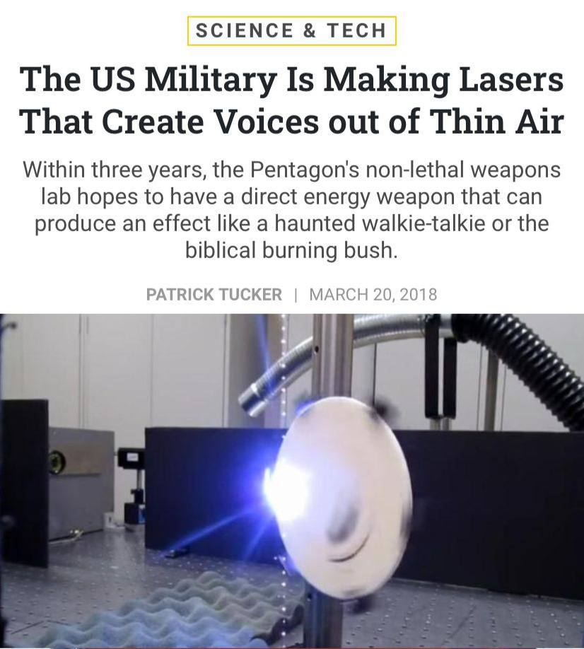 U.S. military creates lasers to make voices from air The U.S. Military hopes to develop an energy laser weapon, called the Laser-Induced Plasma Effect, that will create voices from thin air within three years. defenseone.com/technology/201…👇👇👇
