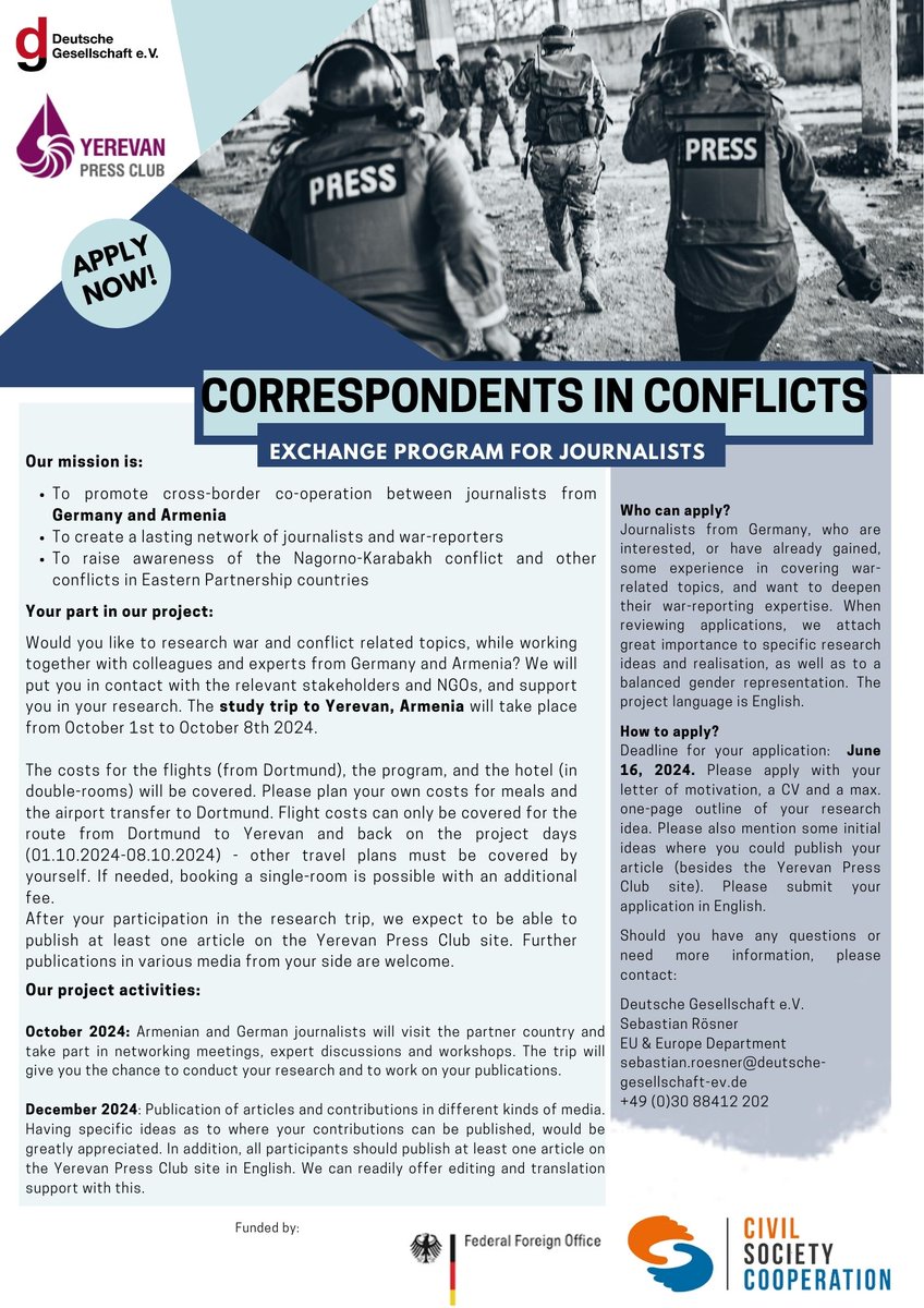 DtGesellschaft's tweet image. Journalists are invited to apply by June 16, 2024 to take part in our research trip to Yerevan in October 2024. The trip will enable research on the topics of war reporting, disinformation and vulnerability. The project is funded by  @AuswaertigesAmt 
#civilsocietycooperation