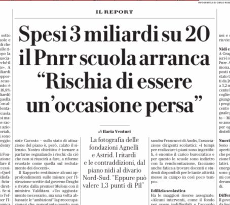 Gianfranco Viesti (@profgviesti) on Twitter photo Il PNRR di Meloni&Fitto
Il caso dell’istruzione
Ritardi, silenzi, opacità
E nessun dato sulla destinazione territoriale della spesa
(Repubblica da una ricerca <a href="/FondAgnelli/">Fondazione Agnelli</a> ) Il PNRR di Meloni&Fitto
Il caso dell’istruzione
Ritardi, silenzi, opacità
E nessun dato sulla destinazione territoriale della spesa
(Repubblica da una ricerca <a href="/FondAgnelli/">Fondazione Agnelli</a> )