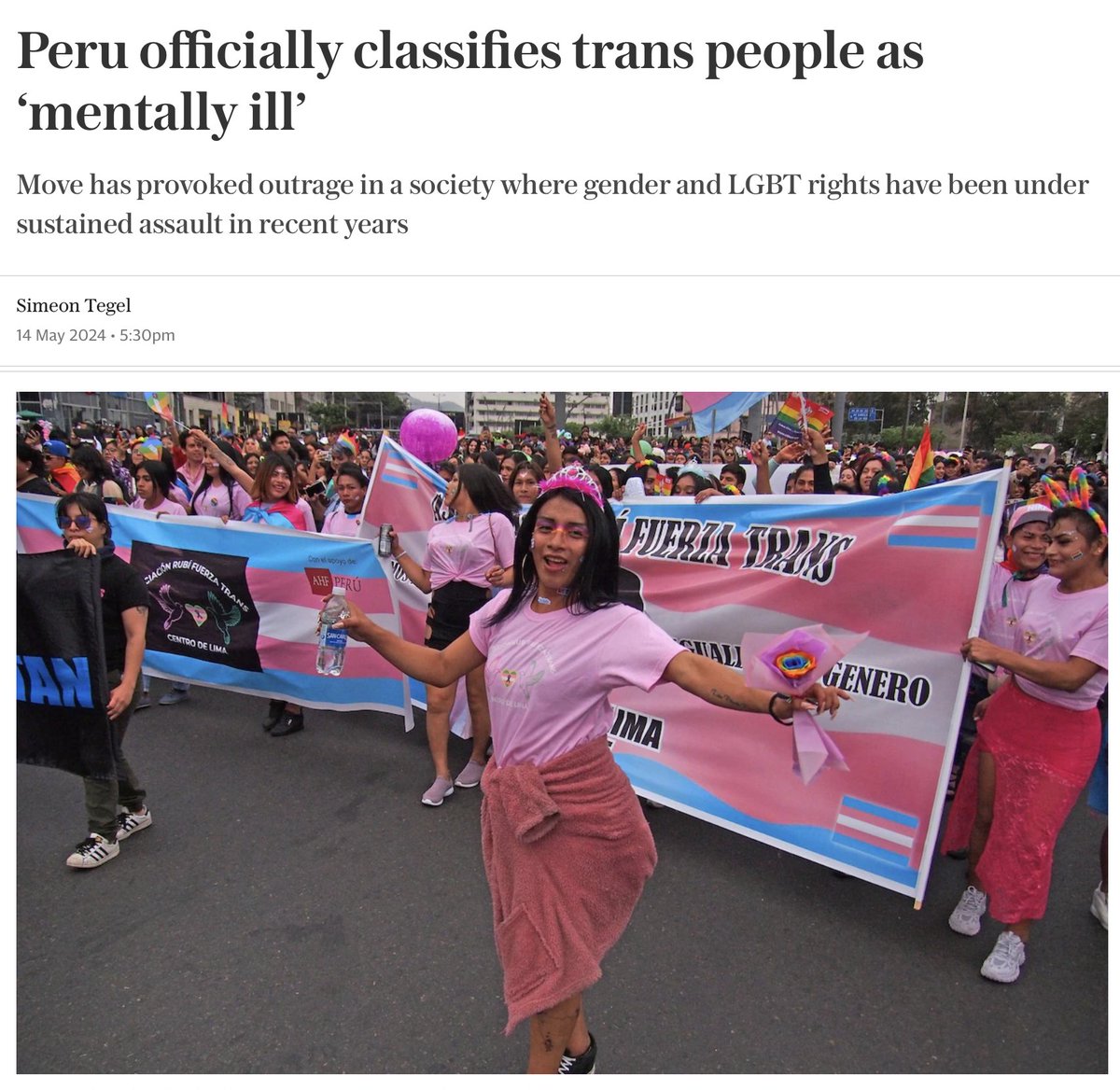 Die Regierung Peru|s hat offiziell 'Trans' und 'intersexuelle' Menschen als psychisch krank deklariert.

Das ist natürlich wirklich lustig, denn Fanatikern à la Svenja Schulze, deren Motto Am-Regenbogen-soll-die-Welt-genesen heißt, wird es geradezu zweiteilen, wenn sie sich…