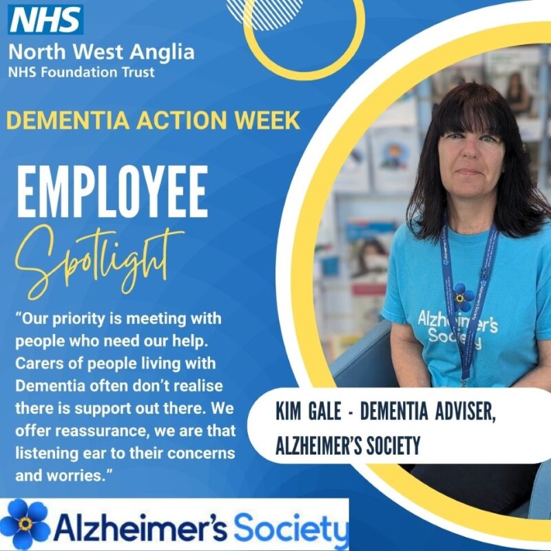 Kim tells us about working as a Dementia Adviser for Alzheimer's Society in our Trust: 'Letting people know about the support in the community is often met with gratitude and relief. I feel privileged to be part of something so important.'💙 #DementiaAwarenessWeek #TeamNWAngliaFT