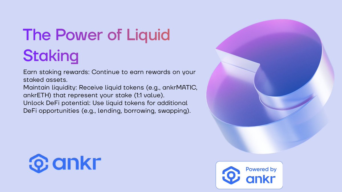 Staking just got better! 

Earn rewards, maintain liquidity with liquid staking tokens, & unlock DeFi opportunities (lending, borrowing, swapping)! 

#DeFi #StakingRewards #ankr $ANKR