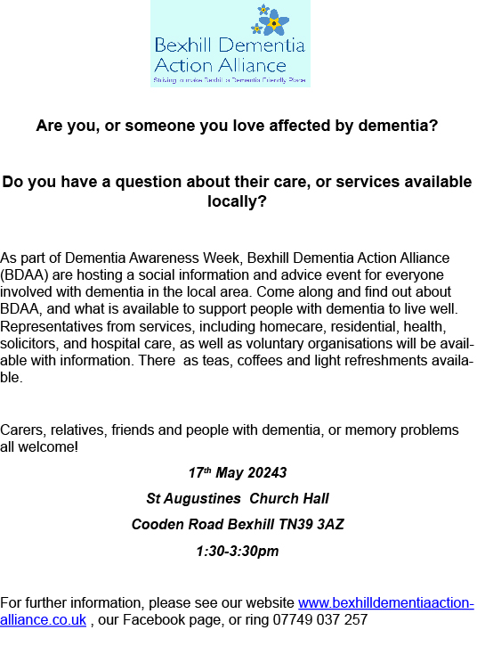 As part of #DementiaAwarenessWeek, Bexhill Dementia Action Alliance are hosting a information & advice event. Senior Private Client Executive, Rachel Cullip, will be on hand to answer questions & provide useful information. #dementiasupport #dementiacare
#caregivers #bexhill