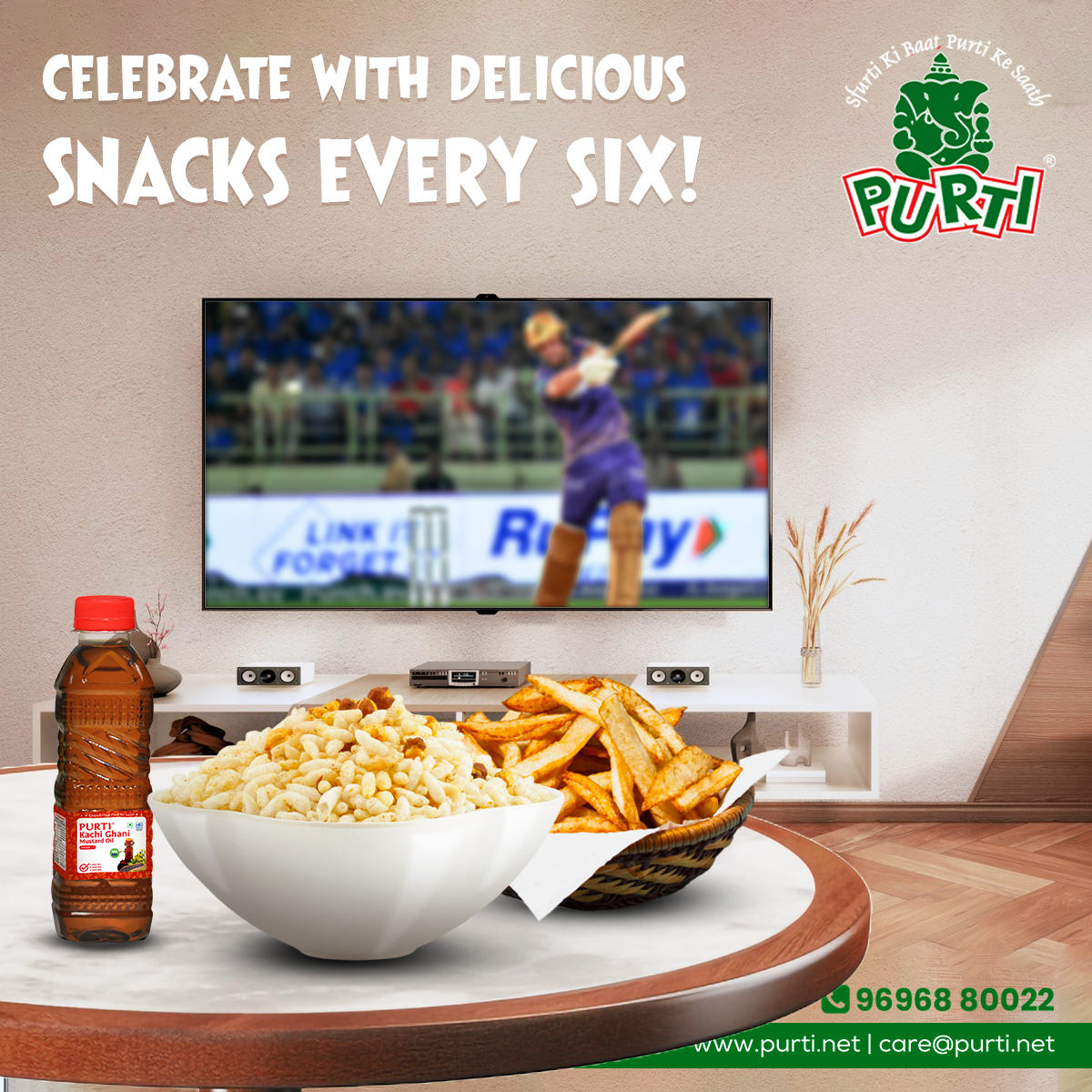 Enhance your celebrations of every six with delectable snacks, complemented by the distinctive flavor of 𝐏𝐮𝐫𝐭𝐢 𝐊𝐚𝐜𝐡𝐢 𝐆𝐡𝐚𝐧𝐢 𝐌𝐮𝐬𝐭𝐚𝐫𝐝 𝐎𝐢𝐥!! For Distributorship 📞on 96968 80022 #Purti #EdibleOil #CookingOil #KachiGhani #MustardOil #cricketlovers #T20