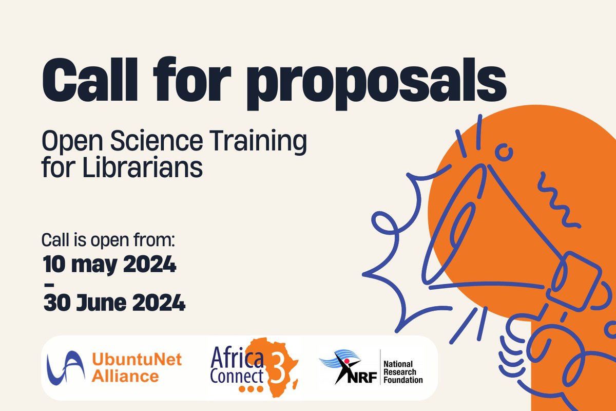 @UbuntuNet Alliance, @AC3_News @NRF_News invite all librarians within Africa to submit their proposals to be part of the open science training taking place alongside UbuntuNet Connect 2024 conference on 30th Oct 2024. Make your submission here ubuntunet.net/projects/afric…