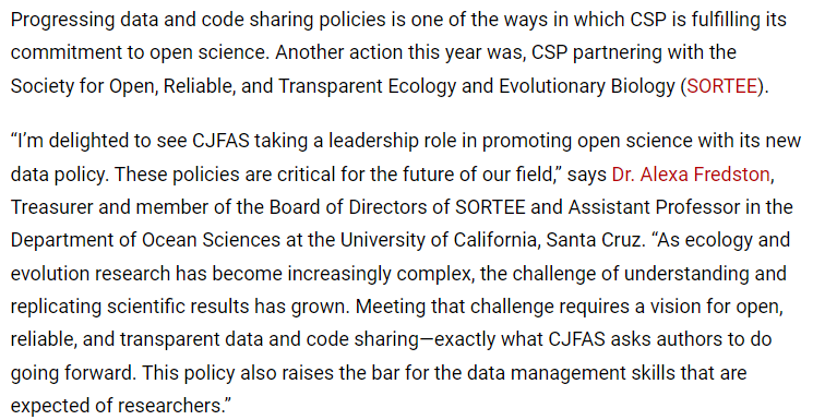 Check out the new data and code availability policy of one of SORTEE's partners: Canadian Science Publishing (@cdnsciencepub), and read our Treasurer's (@AFredston) thoughts about it below. #openscience #opencode #opendata