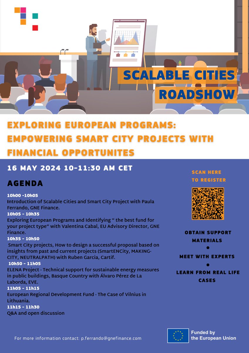 ⏰ Join us tomorrow for the 5th  #ScalableCities Roadshow on Exploring European programmes: Empowering Smart City Projects with Financial Support, on 16 May from 10 to 11:30 AM CET. Don't wait, register today ➡️us02web.zoom.us/meeting/regist…