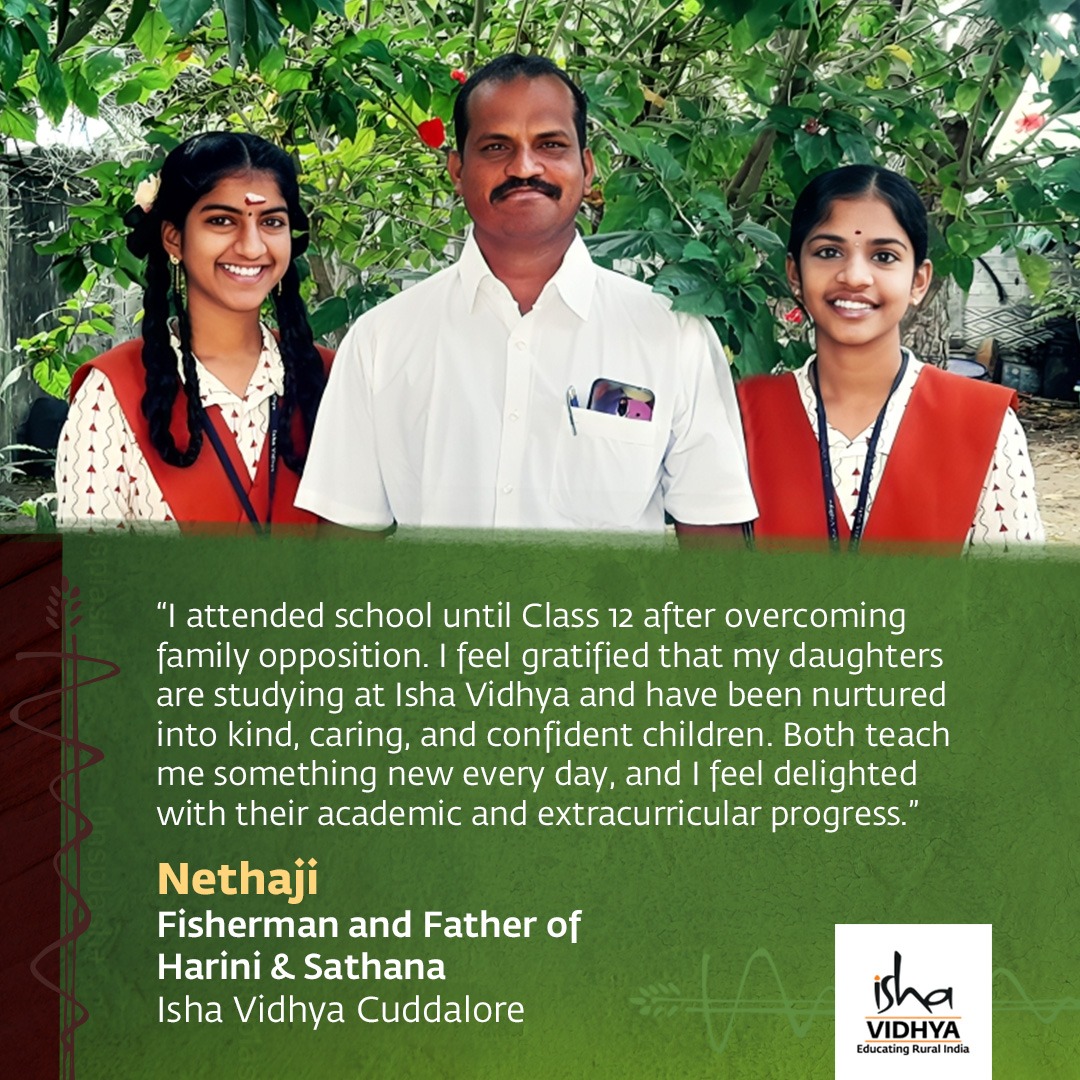 Nethaji sent his daughters to Isha Vidhya from the start. Initially, he rented a car to drive the girls to school from their remote village. When other students joined in, they hired a van. Since 2021, our school bus brings them, relieving the disadvantaged villagers of the cost.