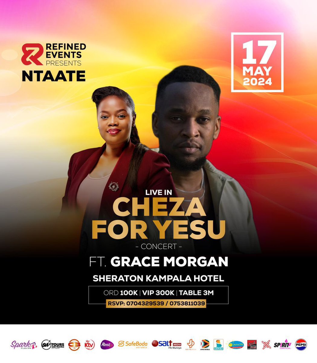 The legend himself Grace Morgan will be performing at #ChezaForYesuConcert this Friday 17th May at @KampalaSheraton. Get yourself a ticket at 100k from the various selling points that include @sparklessalonug, Sheraton Hotel, Jude Color Solutions and more.