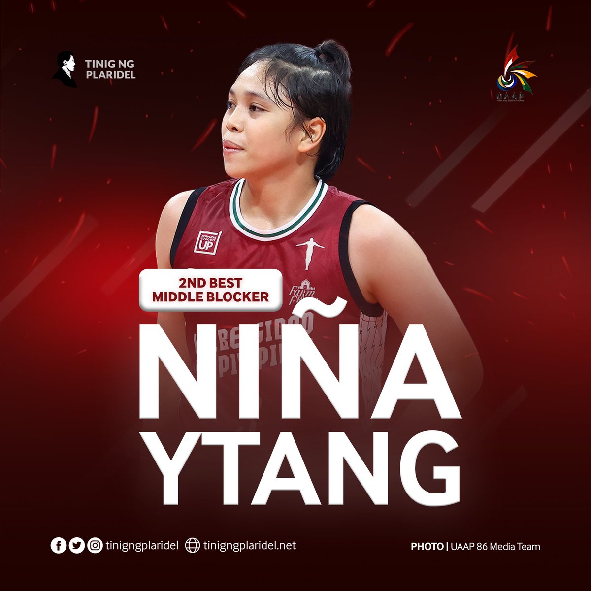 BACK-TO-BACK HONORS

Niña Ytang of the UP Women’s Volleyball Team was hailed as the 2nd best middle blocker for the second straight season in the #UAAPSeason86 Women’s Volleyball Tournament.

#UPFight