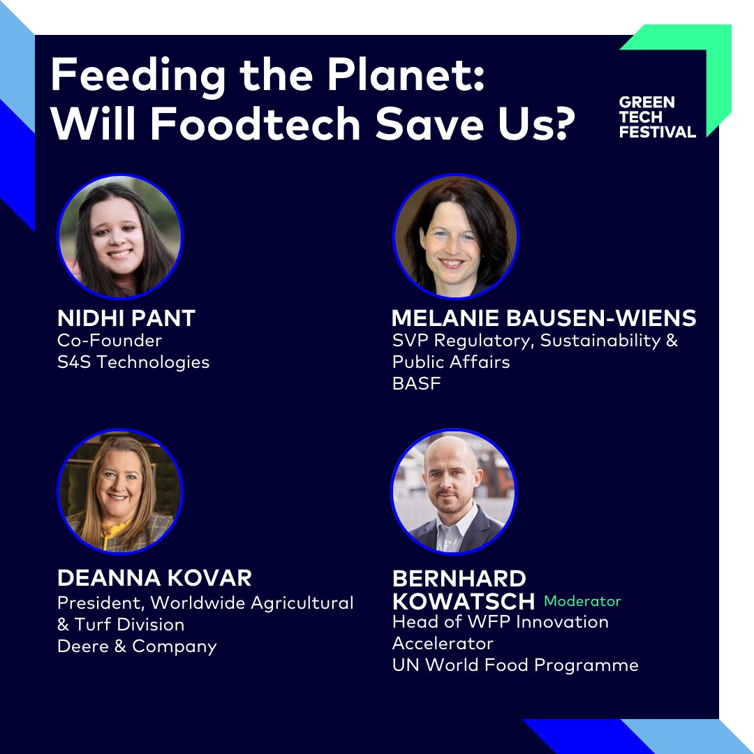 Also at @greentech_fest in Berlin: @BKowatsch, Head of @WFPInnovation will join a panel with @S4sTechnologies @BASFAgro @JohnDeere exploring the potential of FoodTech in reshaping our food systems.

📅 17 May, 15:30 - 16:00 CET
📌 Greentech Festival Main Stage, Berlin Messe