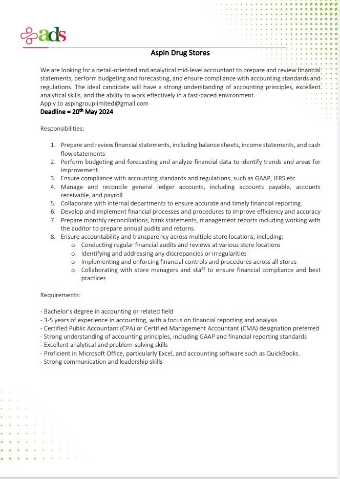 URGENT JOBALERT 📢 

Aspin Drug Stores is currently hiring a  mid-level accountant to join its team.
Details attached, kindly apply or reshare with your network.

#Jobclinicug #Jobs #jobsinuganda #HappeningNow #hiring #careers #jobsearch