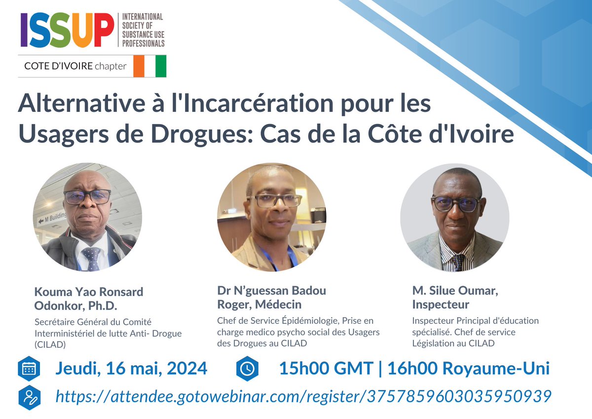 📣 L'ISSUP Côte d'Ivoire a le plaisir de vous inviter cordialement à participer à notre prochain webinaire sur l'Alternative à l'incarcération (ATI) pour les usagers de drogues, qui se tiendra le 16 mai 2024. Inscrivez-vous au webinaire : ow.ly/s4JM50Rsw5O