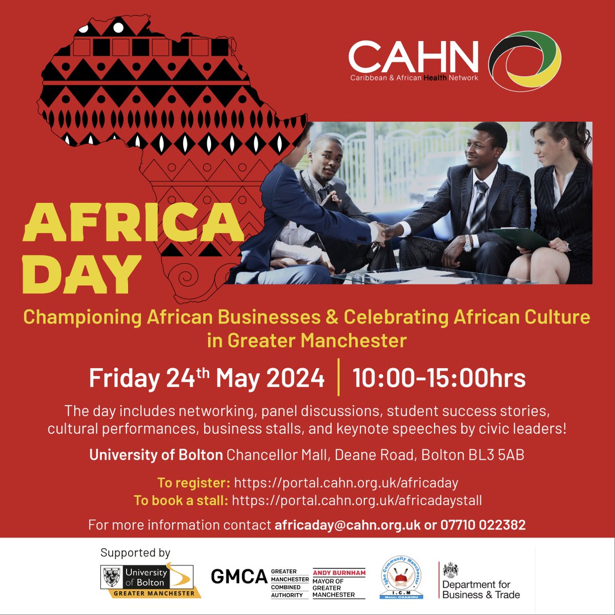 Mark your calendars for our #AfricaDay event 24th May , and join us for a vibrant celebration at @BoltonUni! Let’s talk African entrepreneurship, networking, enjoy performances, and more. What are you waiting for? Tickets here: portal.cahn.org.uk/africaday #AFRD2024
