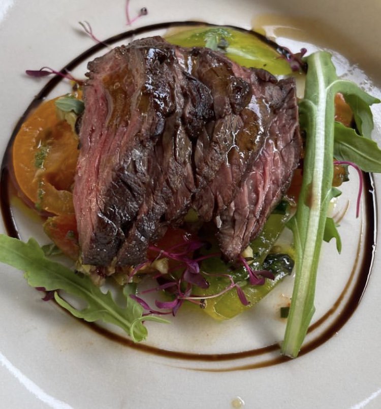 Onglet, @iowtomatoes, green olive dressing. Nice little starter on the menu today. This week we have some evening availability on Wednesday and Thursday and some lunch availability on Thursday, Friday and Saturday.