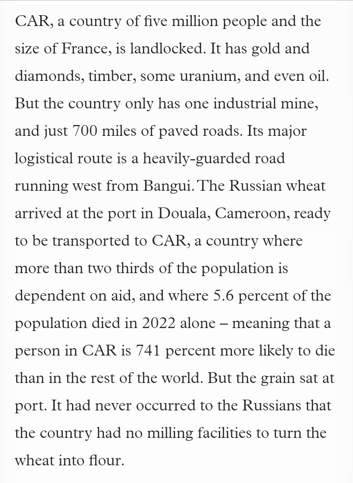>Russians pledge to send 50,000 tons of wheat to Central African Republic >Wheat arrives in Cameroon >Can't export to CAR because there are no roads and the country has no flour mills to process the wheat