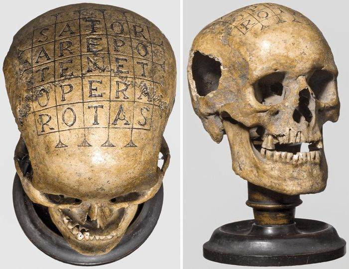 A 16th century German 'oath skull' (a human skull on which defendants swore their oath in Vehmic courts) engraved with the 'magical' Roman 'Sator square', mysterious palindromic word-squares found across the Roman world, comprising the words SATOR, AREPO, TENET, OPERA, ROTAS