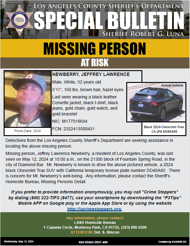 #LASD is Asking for the Public's Help Locating At-Risk Missing Person, Jeffrey Lawrence Newberry #DiamondBar local.nixle.com/alert/10984661/