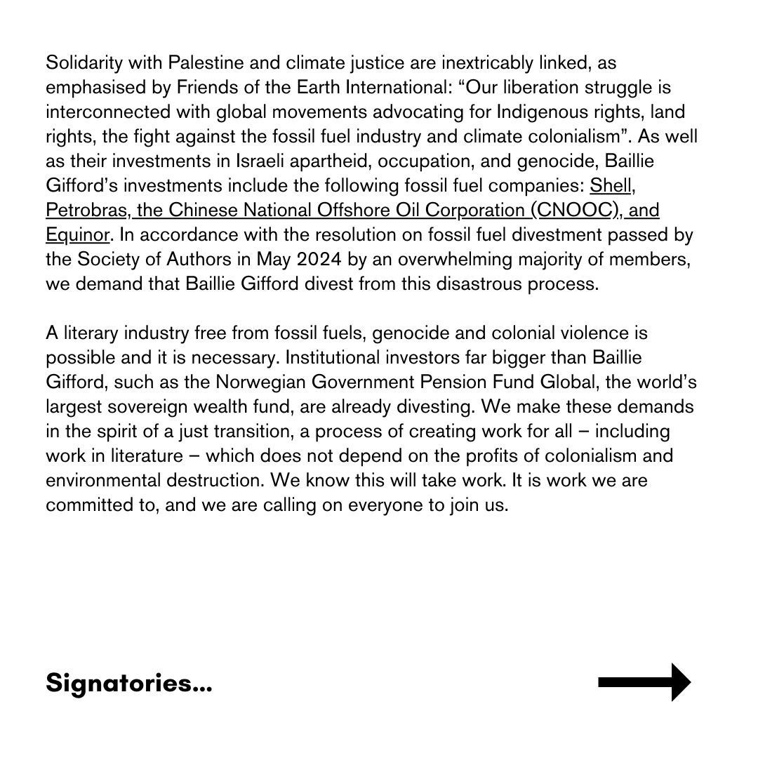 🚨We invite book workers everywhere to join 200+ signatories and sign our open letter renewing our call for Baillie Gifford to divest from the fossil fuel industry and from companies that profit from Israeli occupation, apartheid and genocide. fossilfreebooks.org/baillie-giffor…