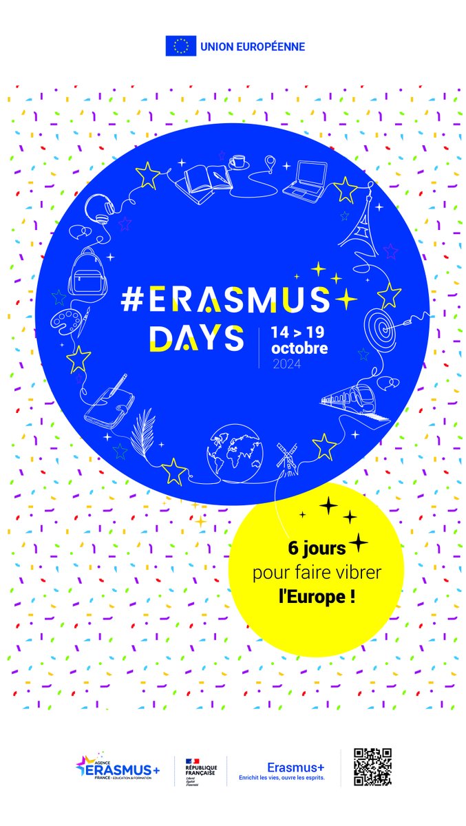 📢 La 8e édition des #ErasmusDays est lancée ! 📅Save the dates “6 jours pour faire vibrer l’Europe” en 2024 : du 14 au 19 octobre 🙂 🖥️Nouveau site 👉 Meilleure expérience 👉 design rafraîchi ! “A vos marques, prêt, partez” inscrivez votre événement hubs.ly/Q02x4Xlq0