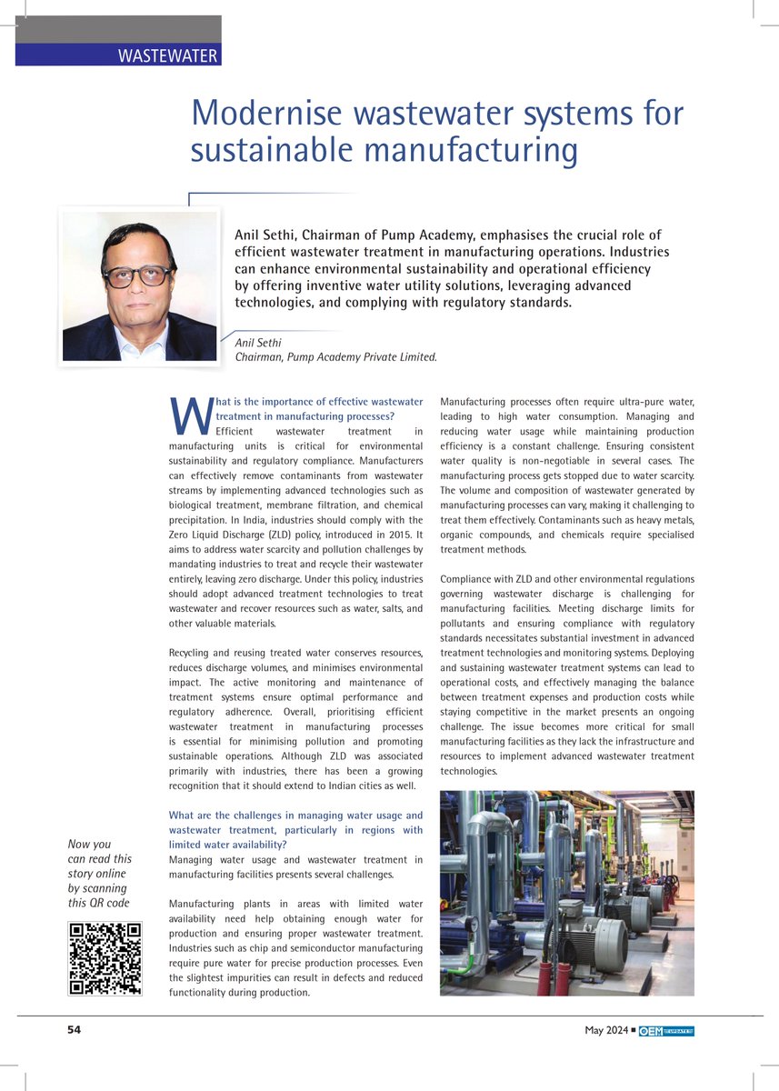 Interview featured in May'24 issue of OEM Update, our Chairman, Mr. Anil Sethi, underscores the critical importance of efficient wastewater treatment in manufacturing operations oemupdate.com/water-and-wast… #watertech #watertechnology #iiot #iiotplatform #ai #ipumpnet #pumpacademy