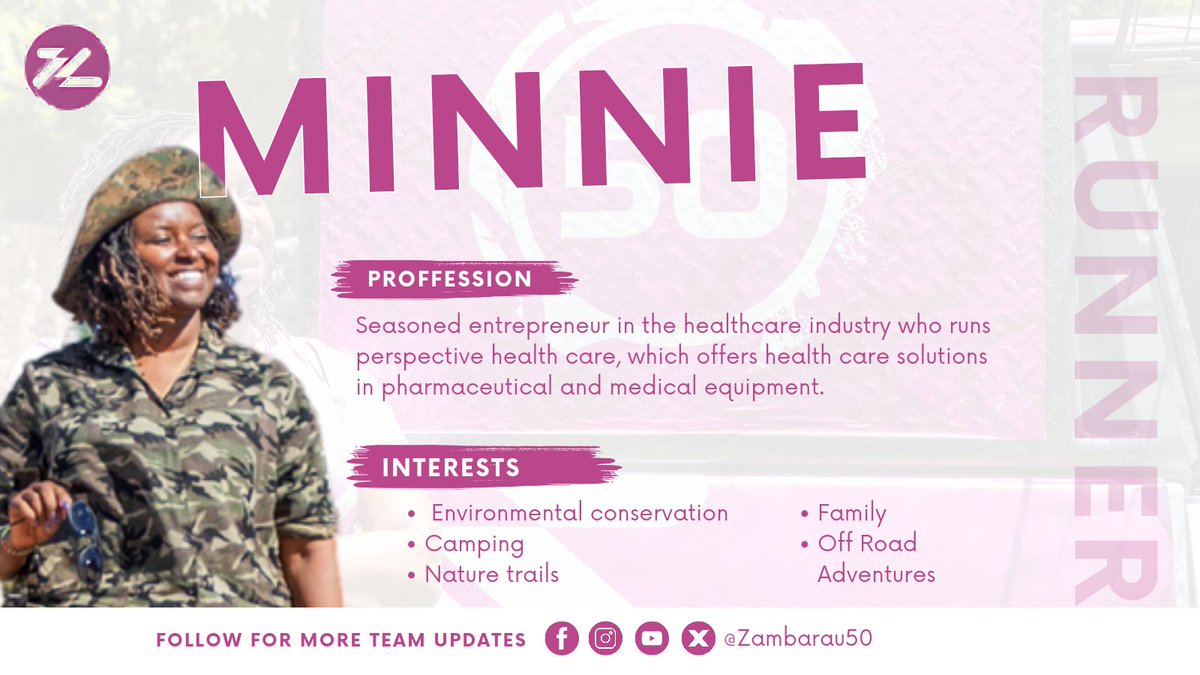 Meet Minnie, our unstoppable runner! 🏃‍♀️ From leading in the boardroom to conquering off-road trails, she brings passion, determination, and a love for the environment to Zambarau 50.  #Zambarau50 #RunnerSpotlight #PassionDriven #Trailblazer #rhinocharge2024